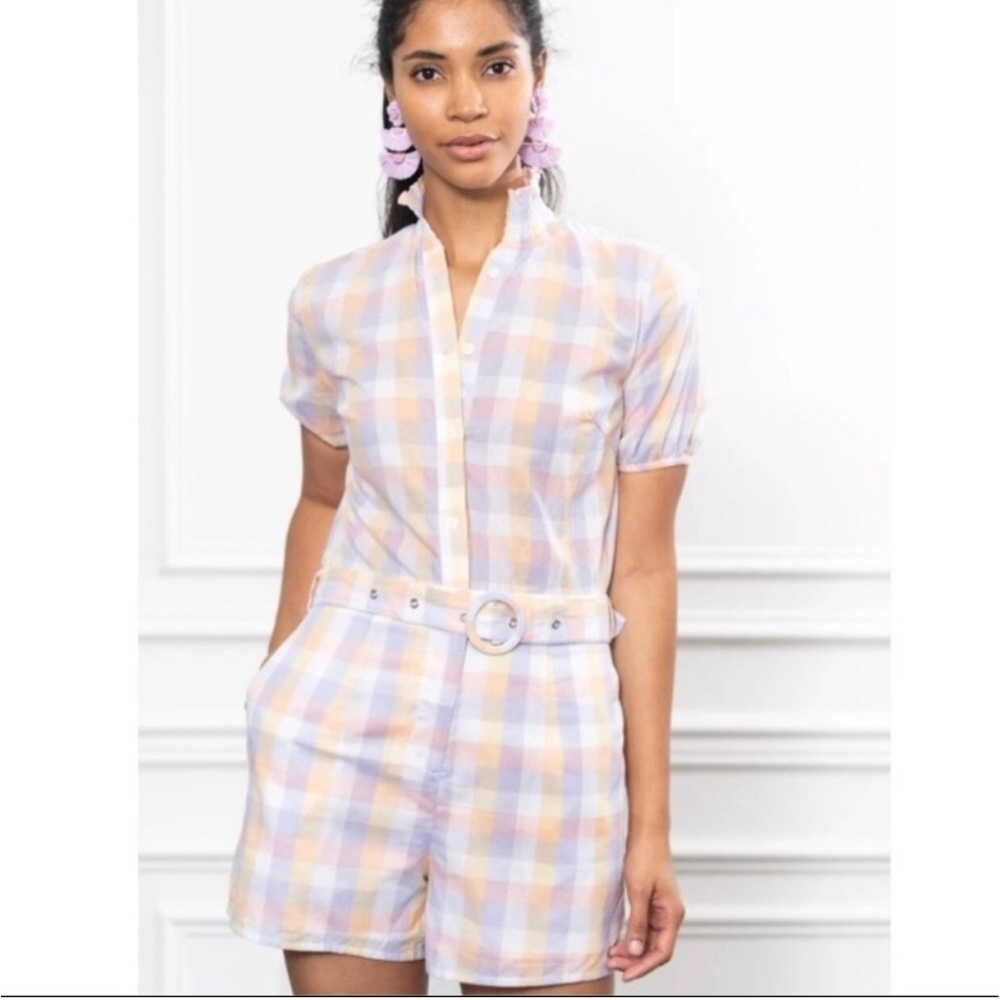 The Shirt by Rochelle Behrens Short Plaid Romper Size XS 100% Cotton Pastel